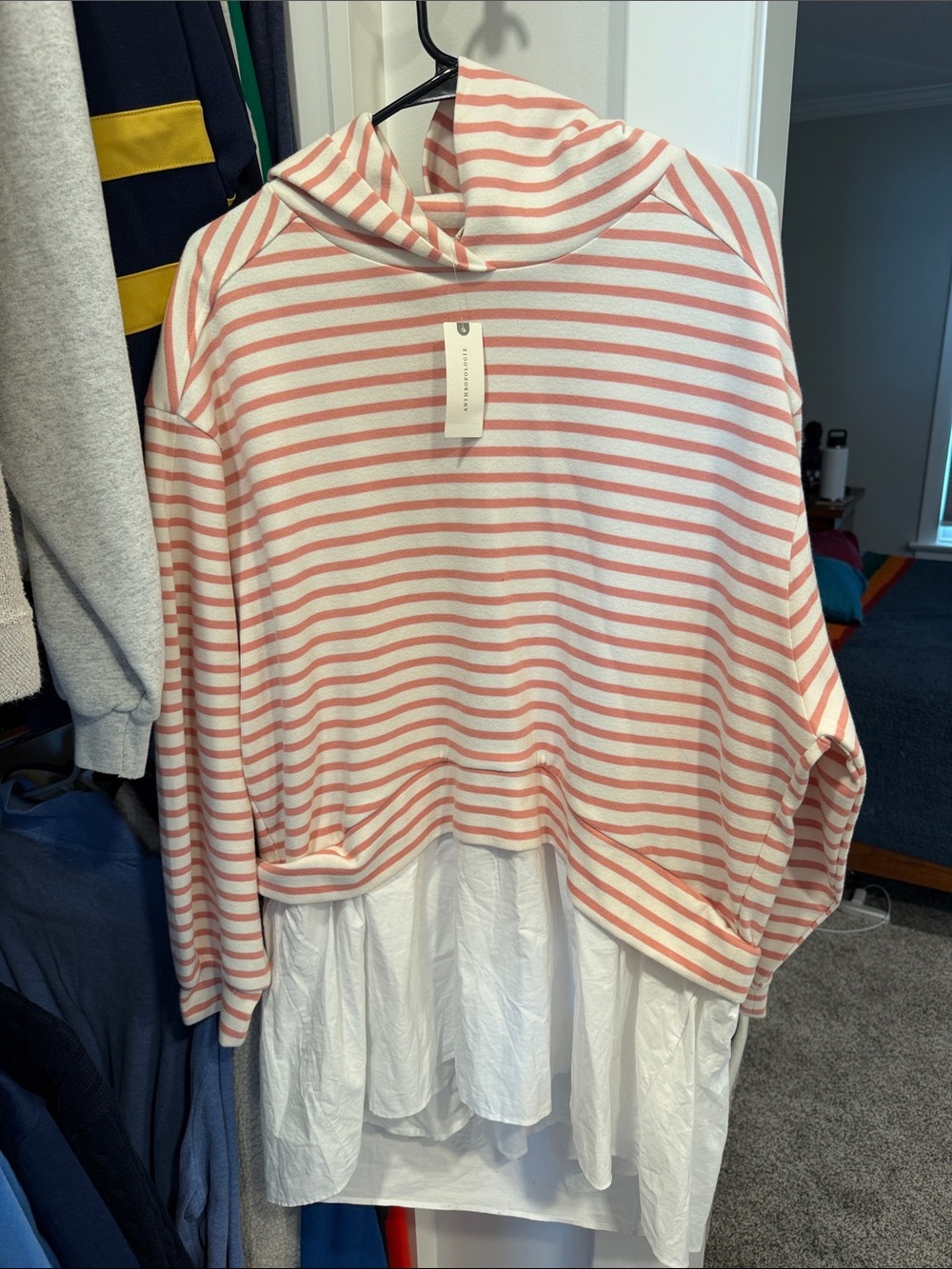 Pilcro Pink and White Striped Hooded Pullover with Layered Hem